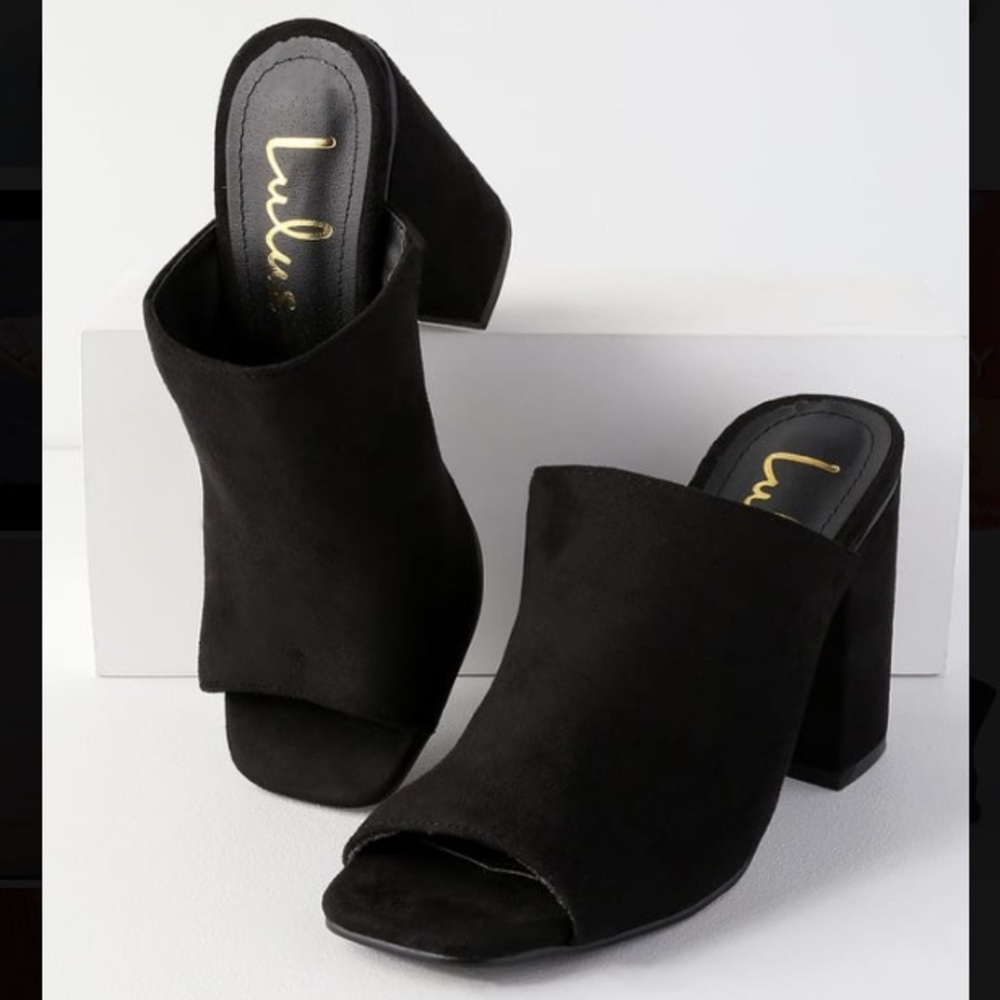 Lulus Raelynn Black Suede Peep-Toe Mules
